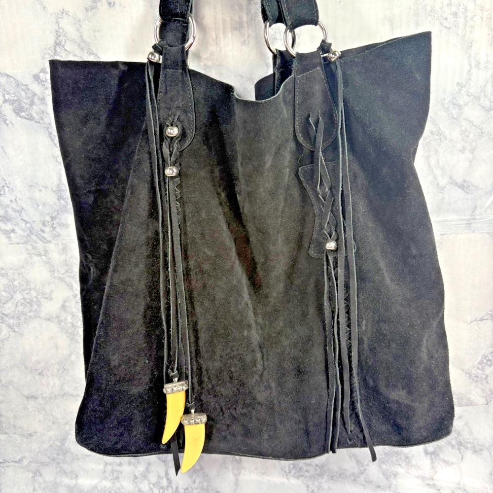 RAZ Women's 100% Genuine Letaher Purse Fringe Detail Black Boho Tote Soft Slouch